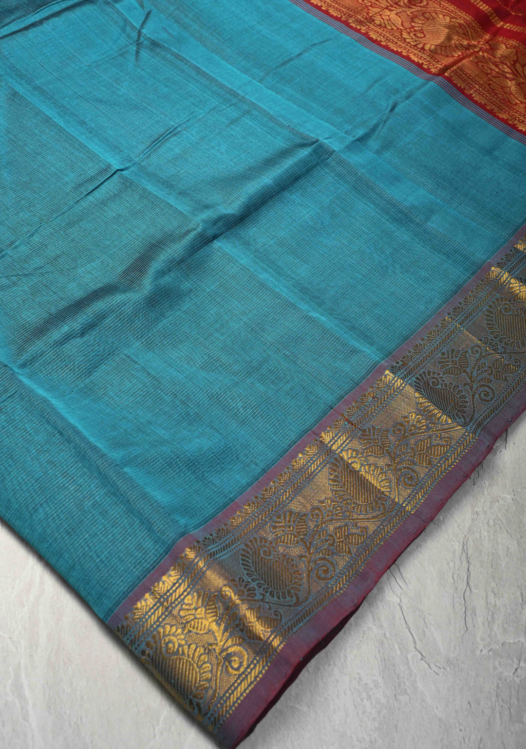 9 Yards Madisar Peacock Blue Kanchi Silk Cotton Handloom Saree with Vairaoosi Zari Stripes and Zari Border