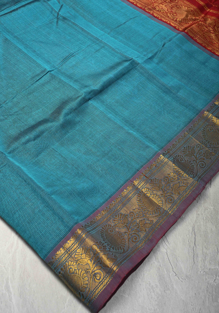 9 Yards Madisar Peacock Blue Kanchi Silk Cotton Handloom Saree with Vairaoosi Zari Stripes and Zari Border