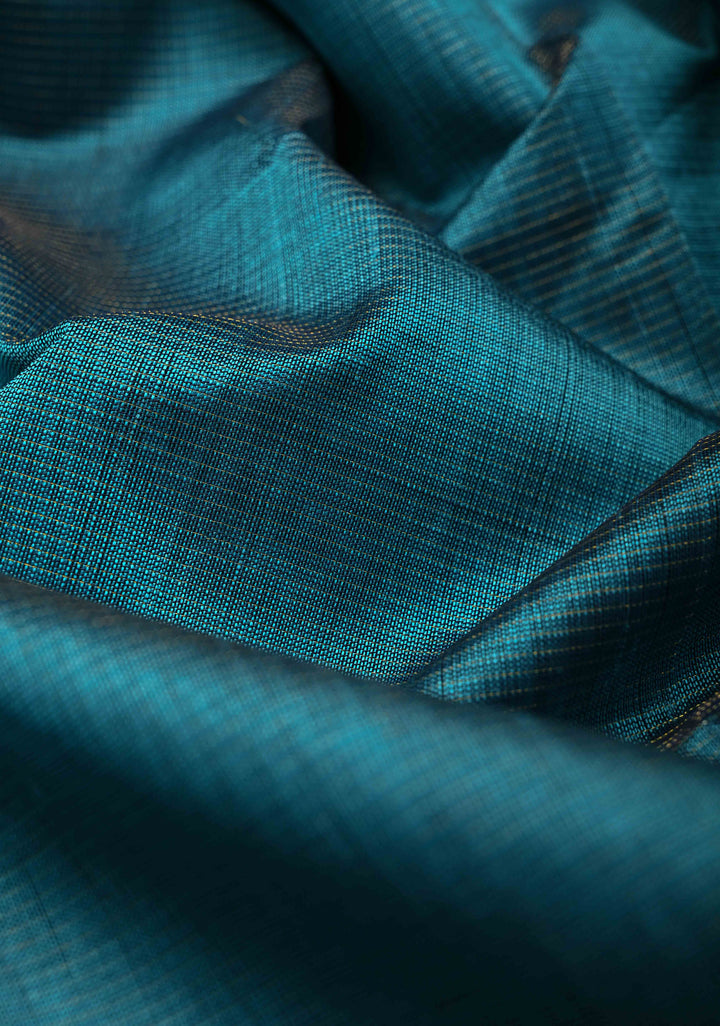 9 Yards Madisar Peacock Blue Kanchi Silk Cotton Handloom Saree with Vairaoosi Zari Stripes and Zari Border