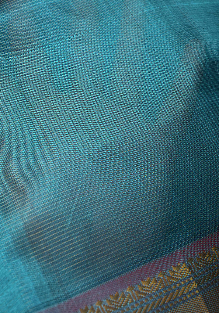 9 Yards Madisar Peacock Blue Kanchi Silk Cotton Handloom Saree with Vairaoosi Zari Stripes and Zari Border