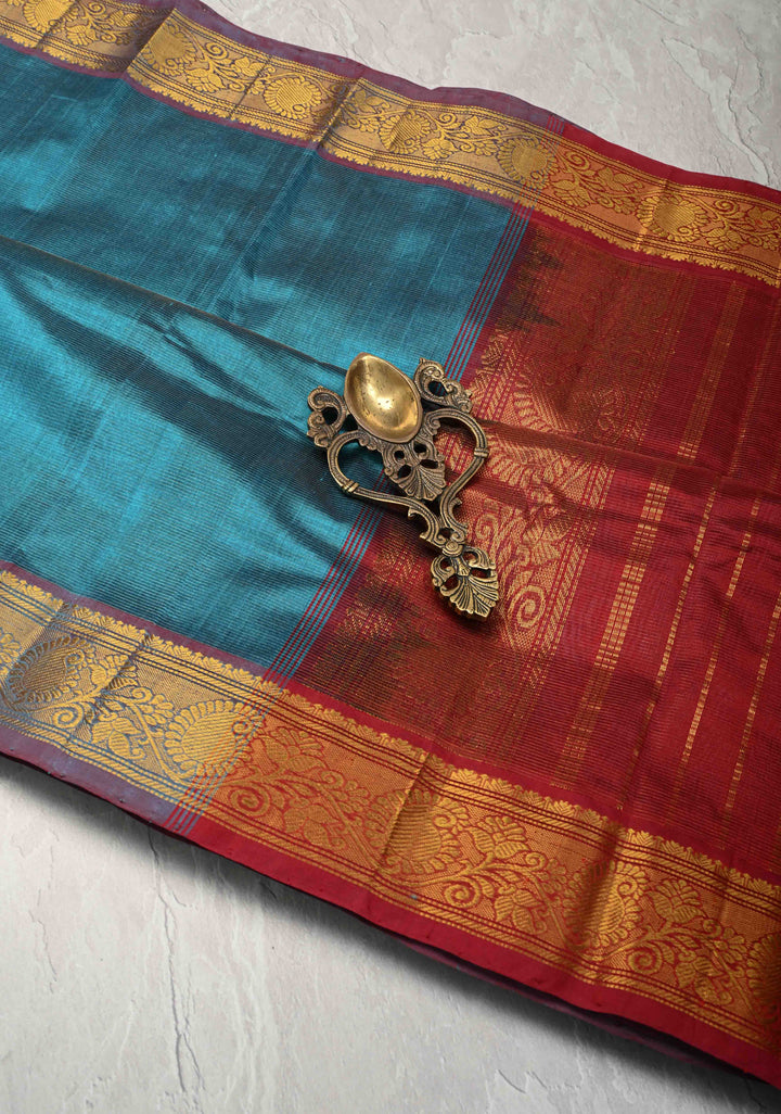 9 Yards Madisar Peacock Blue Kanchi Silk Cotton Handloom Saree with Vairaoosi Zari Stripes and Zari Border