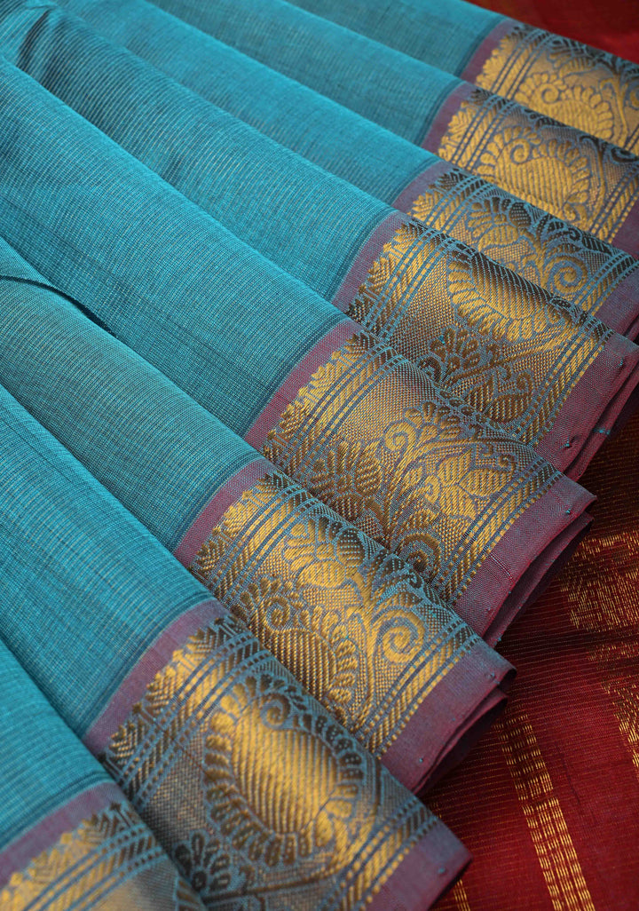 9 Yards Madisar Peacock Blue Kanchi Silk Cotton Handloom Saree with Vairaoosi Zari Stripes and Zari Border