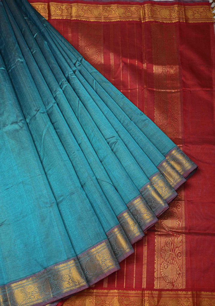 9 Yards Madisar Peacock Blue Kanchi Silk Cotton Handloom Saree with Vairaoosi Zari Stripes and Zari Border