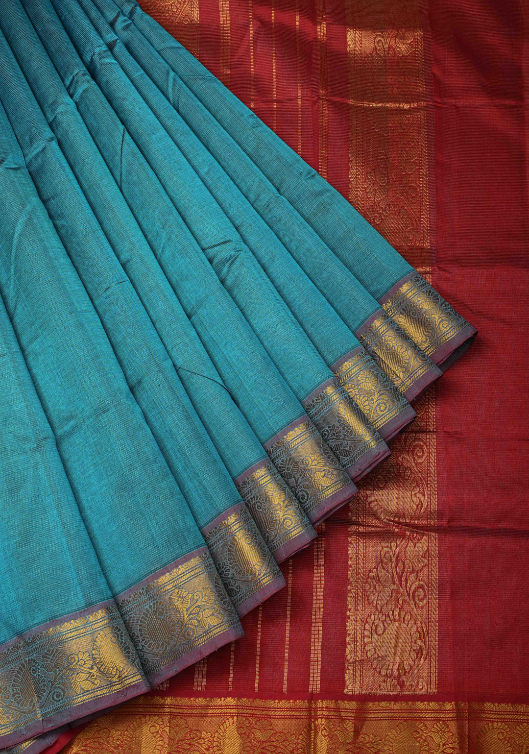 9 Yards Madisar Peacock Blue Kanchi Silk Cotton Handloom Saree with Vairaoosi Zari Stripes and Zari Border
