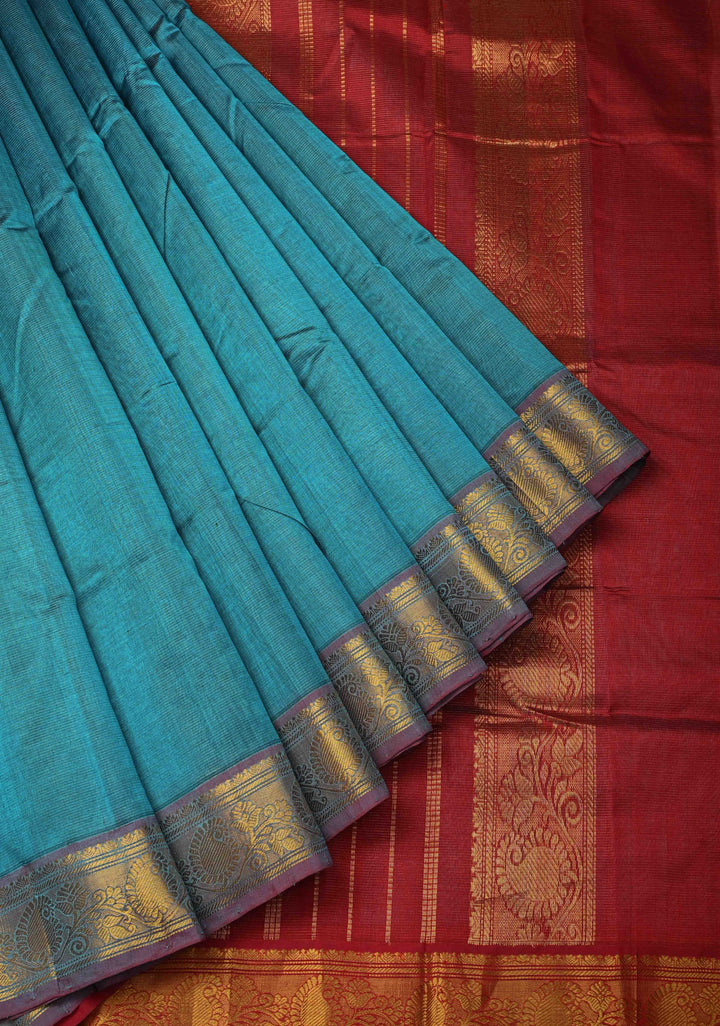 9 Yards Madisar Peacock Blue Kanchi Silk Cotton Handloom Saree with Vairaoosi Zari Stripes and Zari Border