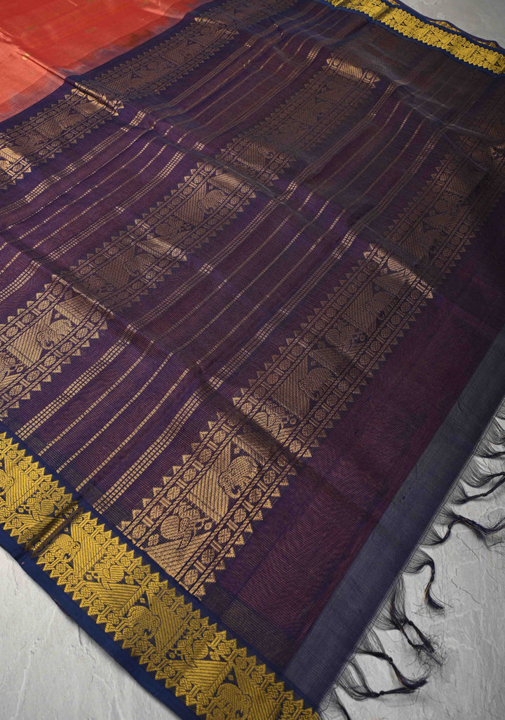9 Yards Madisaar Vairaoosi Peach Kanchi Silk Cotton Handloom Saree with Zari Stripes, buttas and Zari Border