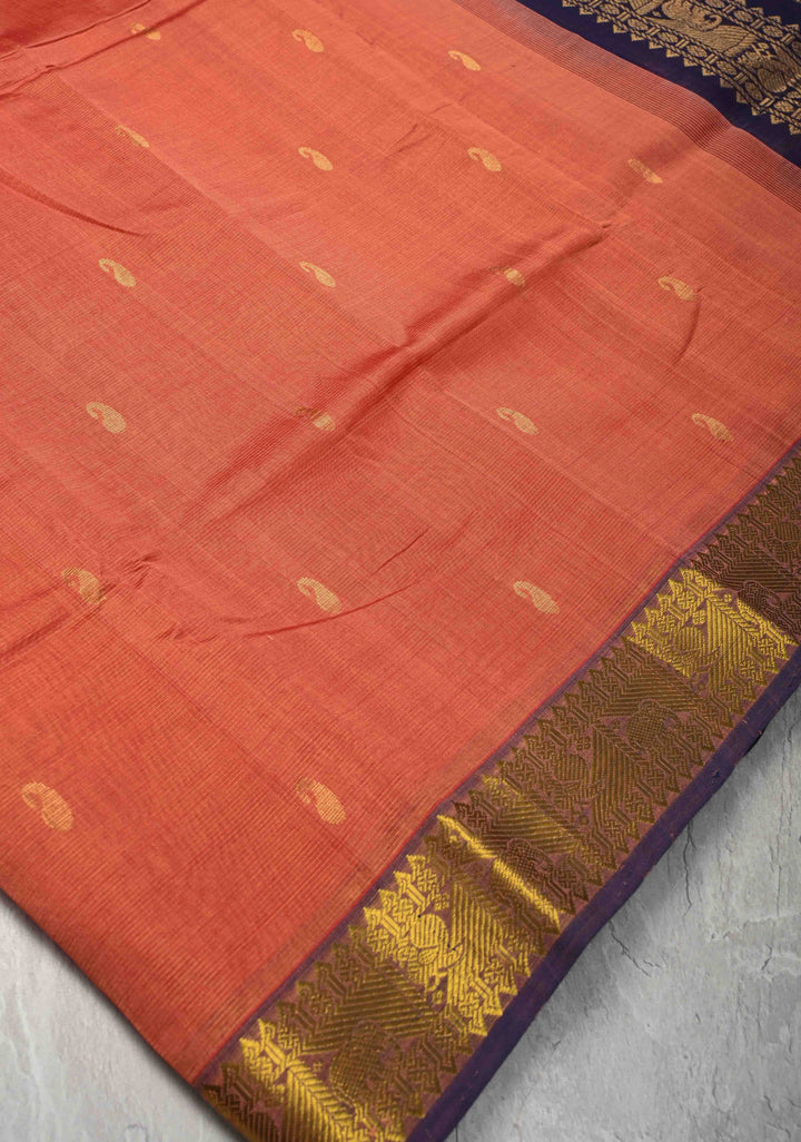 9 Yards Madisaar Vairaoosi Peach Kanchi Silk Cotton Handloom Saree with Zari Stripes, buttas and Zari Border