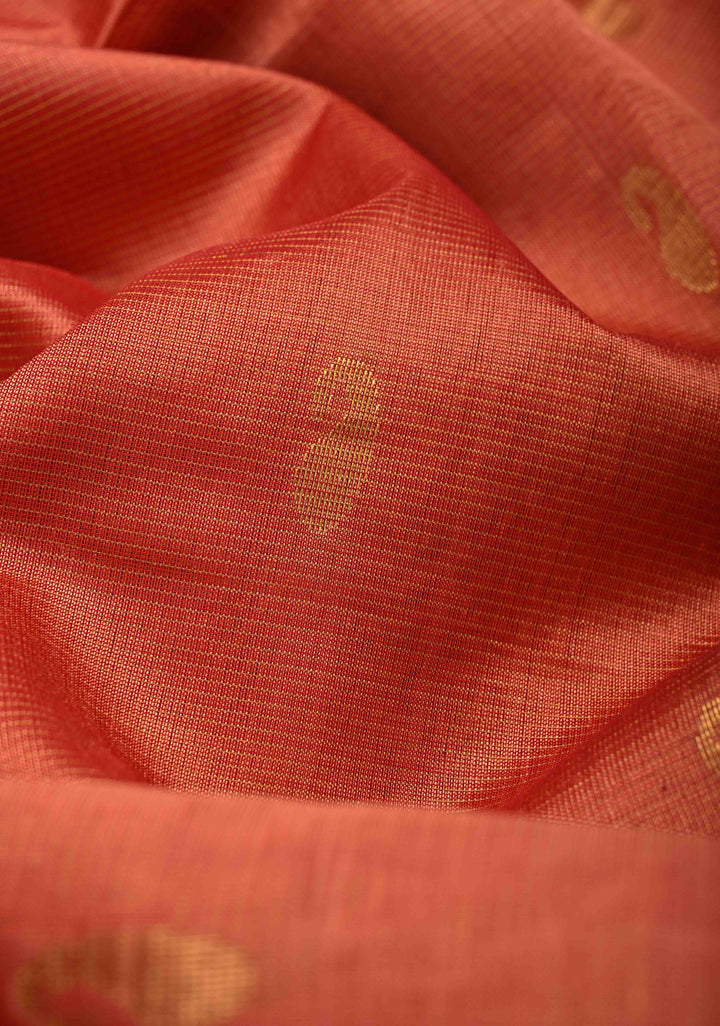 9 Yards Madisaar Vairaoosi Peach Kanchi Silk Cotton Handloom Saree with Zari Stripes, buttas and Zari Border