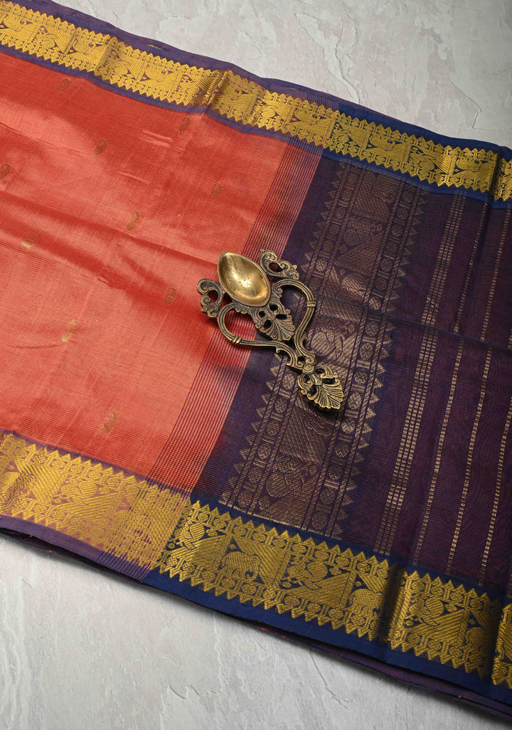 9 Yards Madisaar Vairaoosi Peach Kanchi Silk Cotton Handloom Saree with Zari Stripes, buttas and Zari Border