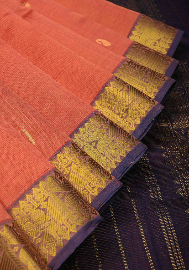 9 Yards Madisaar Vairaoosi Peach Kanchi Silk Cotton Handloom Saree with Zari Stripes, buttas and Zari Border