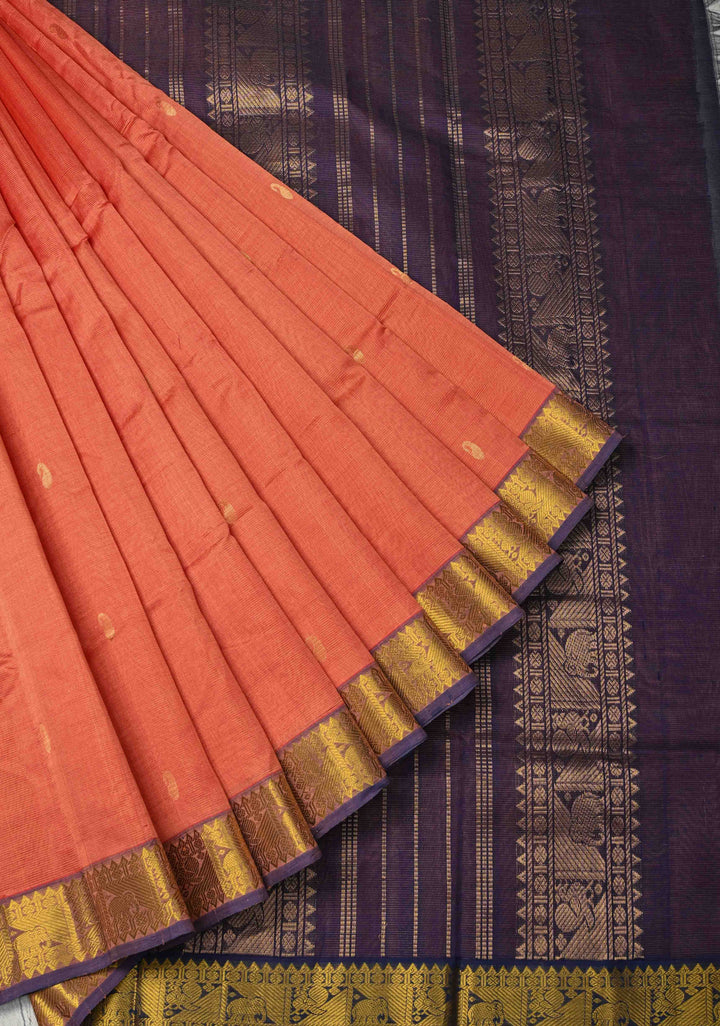 9 Yards Madisaar Vairaoosi Peach Kanchi Silk Cotton Handloom Saree with Zari Stripes, buttas and Zari Border