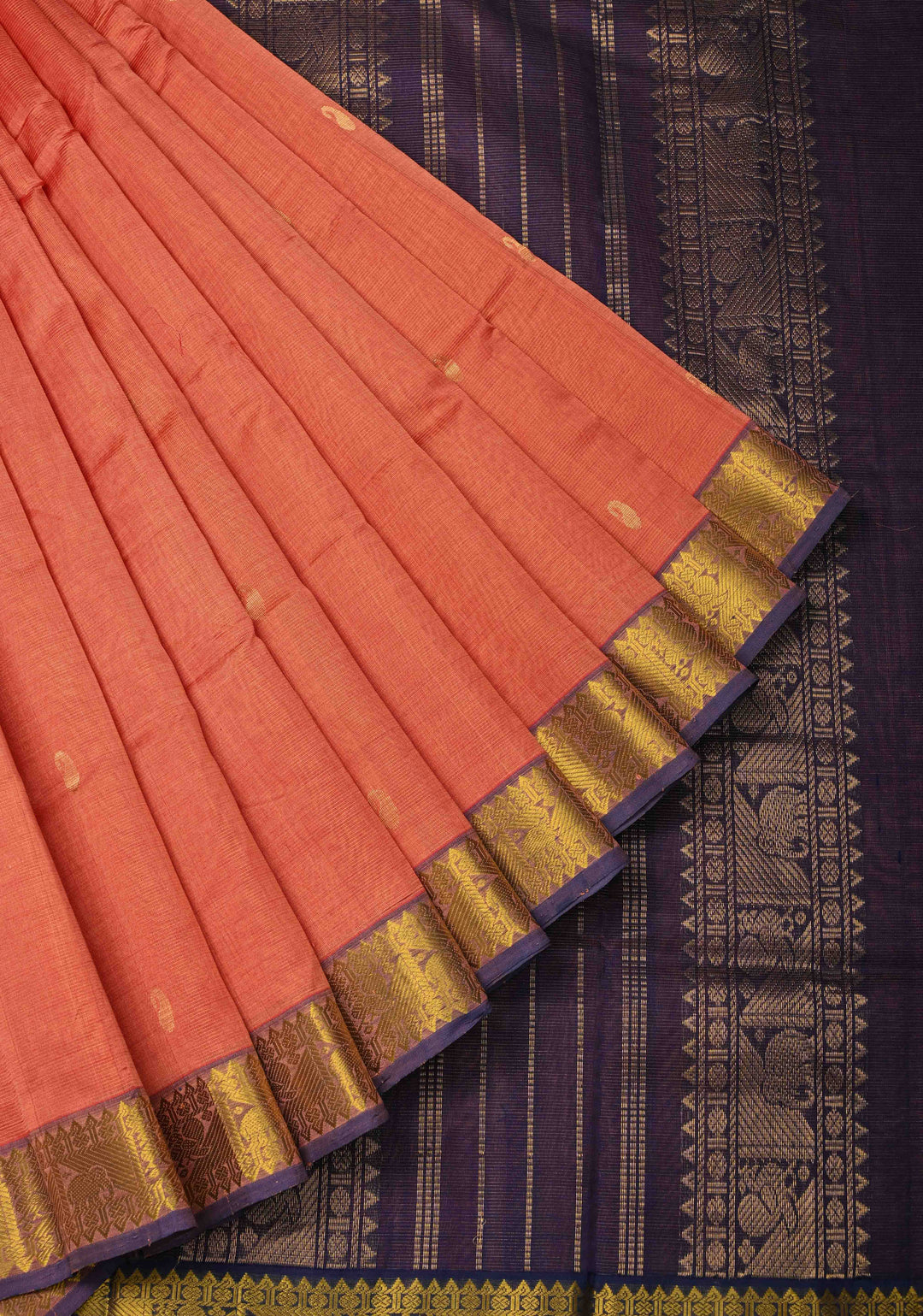 9 Yards Madisaar Vairaoosi Peach Kanchi Silk Cotton Handloom Saree with Zari Stripes, buttas and Zari Border