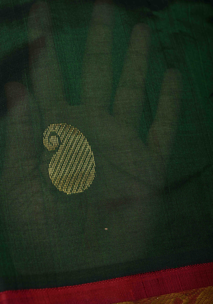 9 Yards Madisar Deep Green Kanchi Silk Cotton Handloom Saree with Paisley Buttas and Contrast Zari Border, No Blouse Piece
