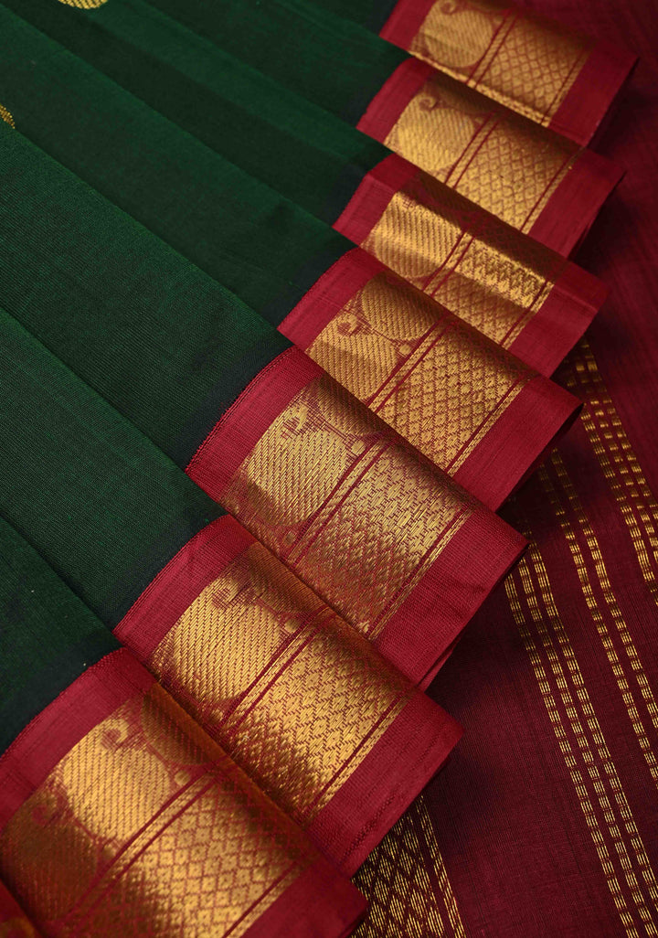 9 Yards Madisar Deep Green Kanchi Silk Cotton Handloom Saree with Paisley Buttas and Contrast Zari Border, No Blouse Piece
