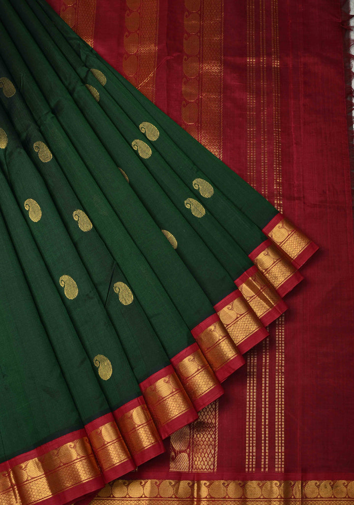 9 Yards Madisar Deep Green Kanchi Silk Cotton Handloom Saree with Paisley Buttas and Contrast Zari Border, No Blouse Piece