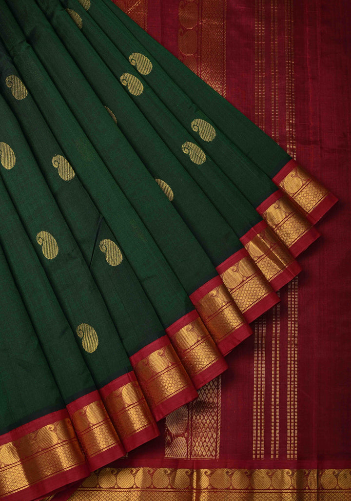 9 Yards Madisar Deep Green Kanchi Silk Cotton Handloom Saree with Paisley Buttas and Contrast Zari Border, No Blouse Piece