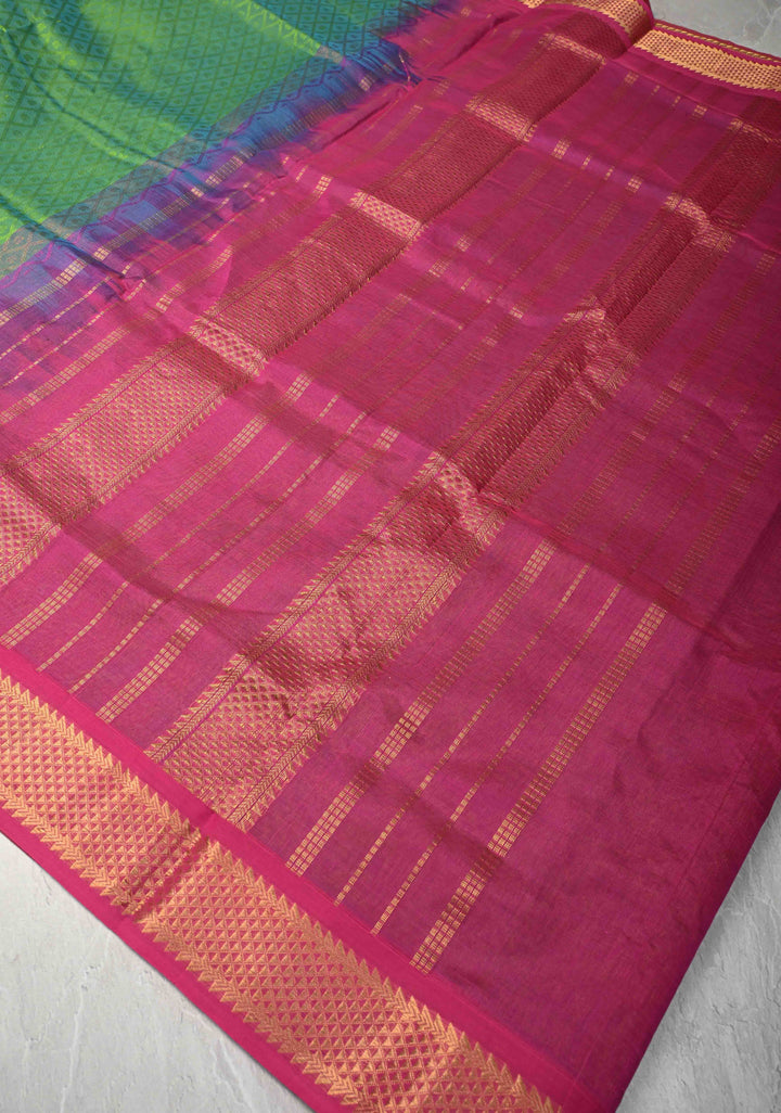 9 Yards Madisar Green Dual tone Kanchi Silk Cotton Saree with Self Brocade and Zari Borders, No Blouse Piece