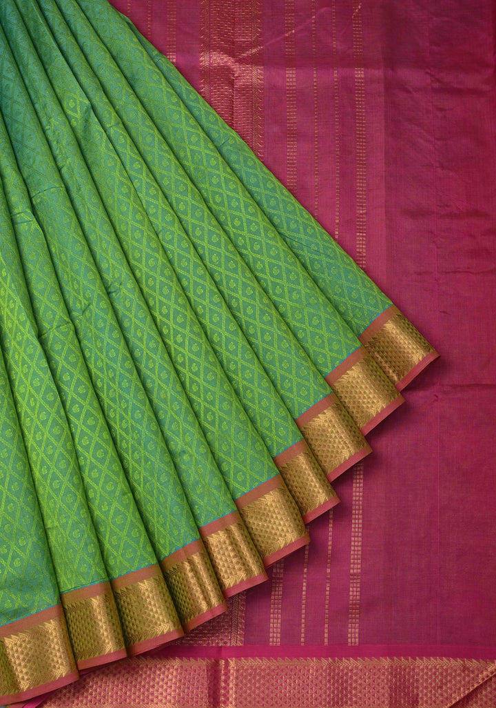 9 Yards Madisar Green Dual tone Kanchi Silk Cotton Saree with Self Brocade and Zari Borders, No Blouse Piece