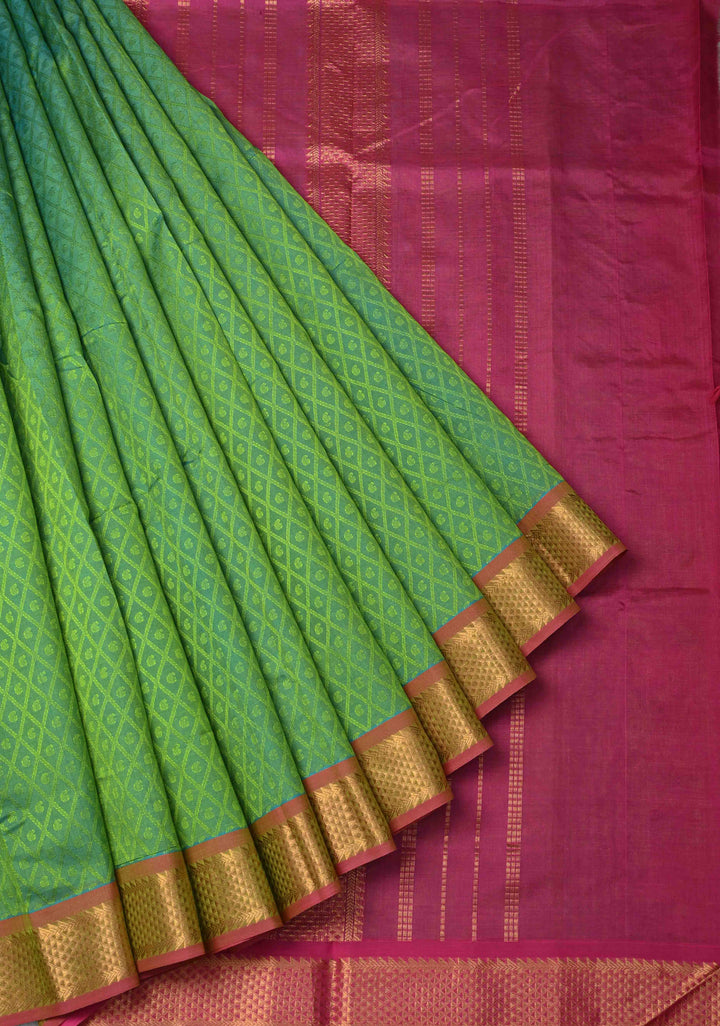 9 Yards Madisar Green Dual tone Kanchi Silk Cotton Saree with Self Brocade and Zari Borders, No Blouse Piece