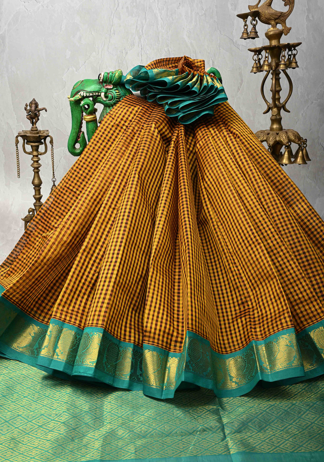 Yellow-Brown Gingham Checks Koravi Kanchi Silk Cotton 100% Handloom Saree with Contrast Zari Border