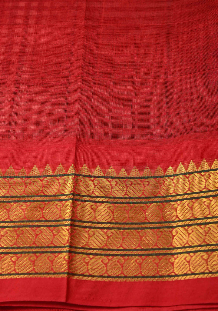 Black-White Gingham Checks Koravi Kanchi Silk Cotton 100% Handloom Saree with Contrast Zari Border