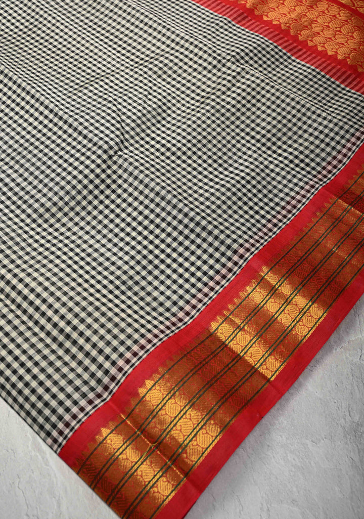 Black-White Gingham Checks Koravi Kanchi Silk Cotton 100% Handloom Saree with Contrast Zari Border