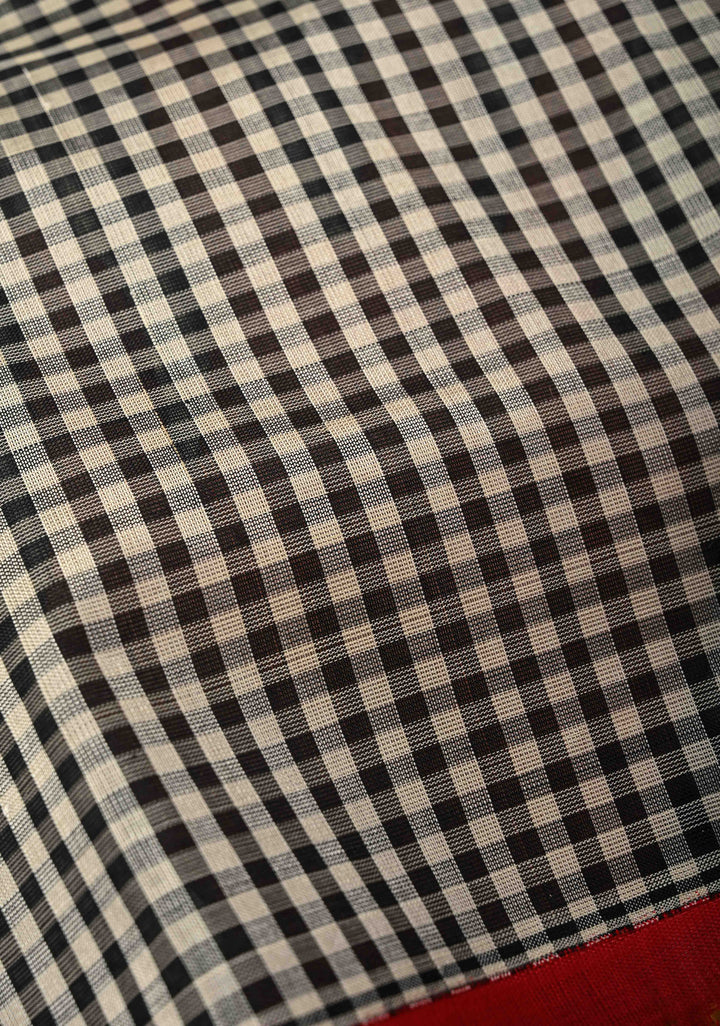 Black-White Gingham Checks Koravi Kanchi Silk Cotton 100% Handloom Saree with Contrast Zari Border