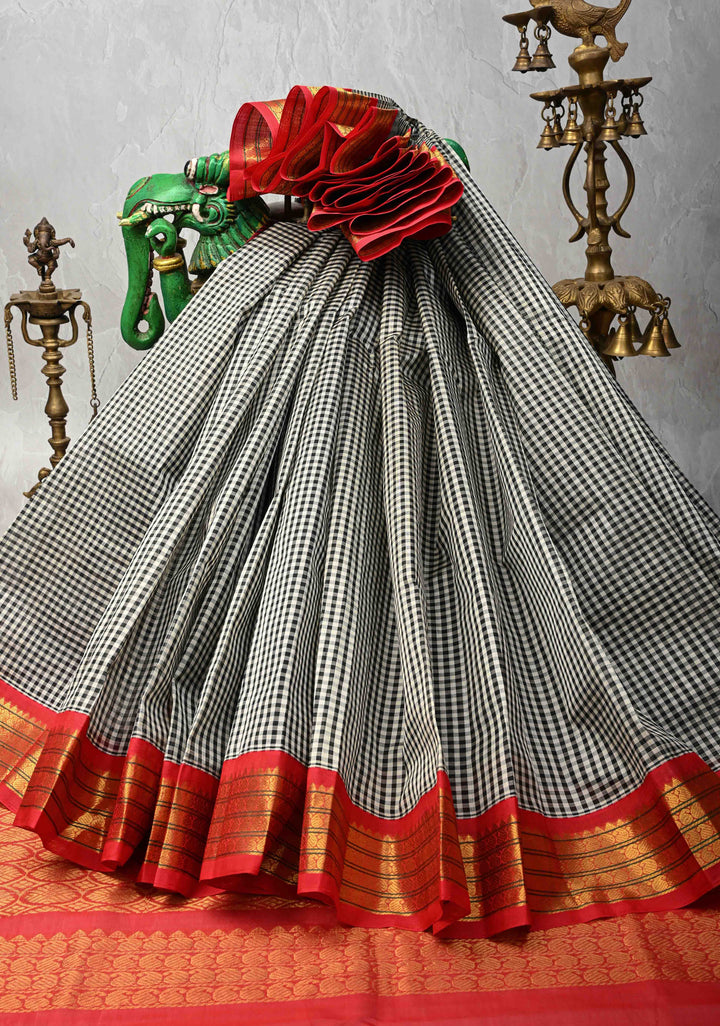 Black-White Gingham Checks Koravi Kanchi Silk Cotton 100% Handloom Saree with Contrast Zari Border