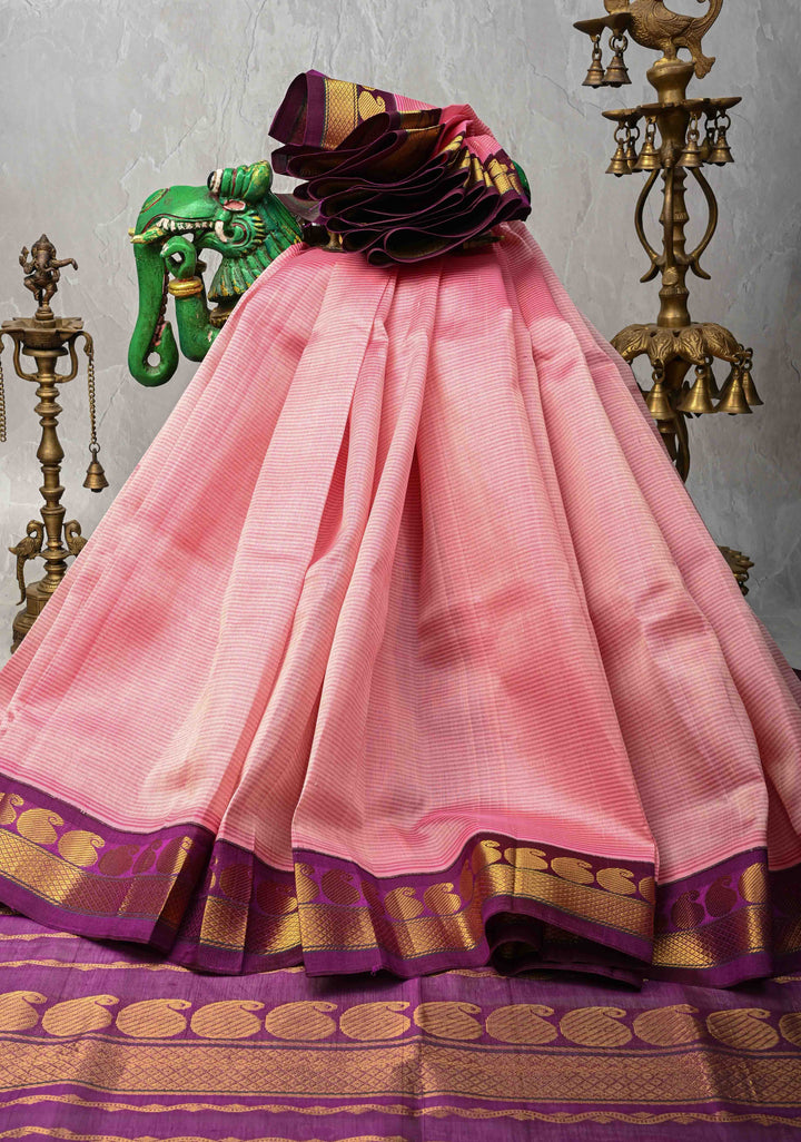 Rose Pink horizontal Stripes Kanchi Silk Cotton Saree with Korvai zari Border