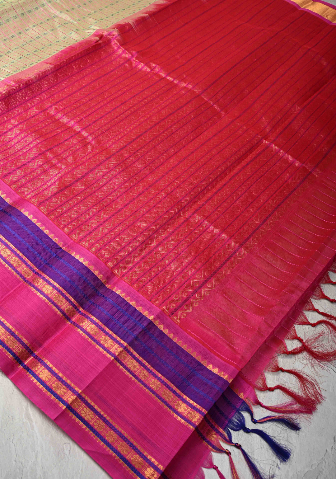 Pista Green Koravi Lakshadeepam Kanchi Silk Cotton Saree with Contrast Zari Borders