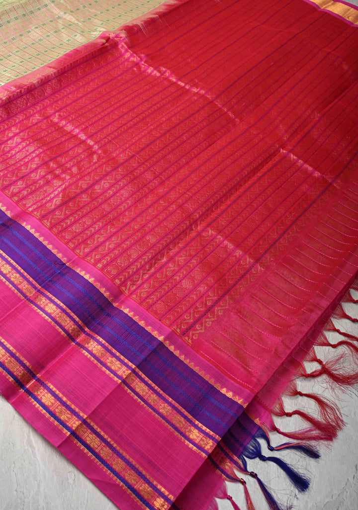 Pista Green Koravi Lakshadeepam Kanchi Silk Cotton Saree with Contrast Zari Borders