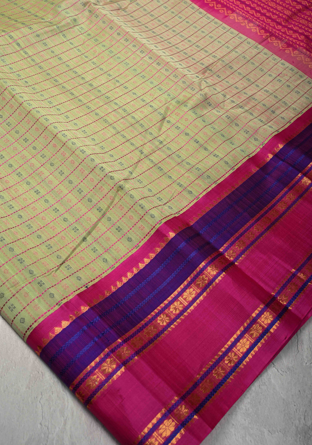 Pista Green Koravi Lakshadeepam Kanchi Silk Cotton Saree with Contrast Zari Borders
