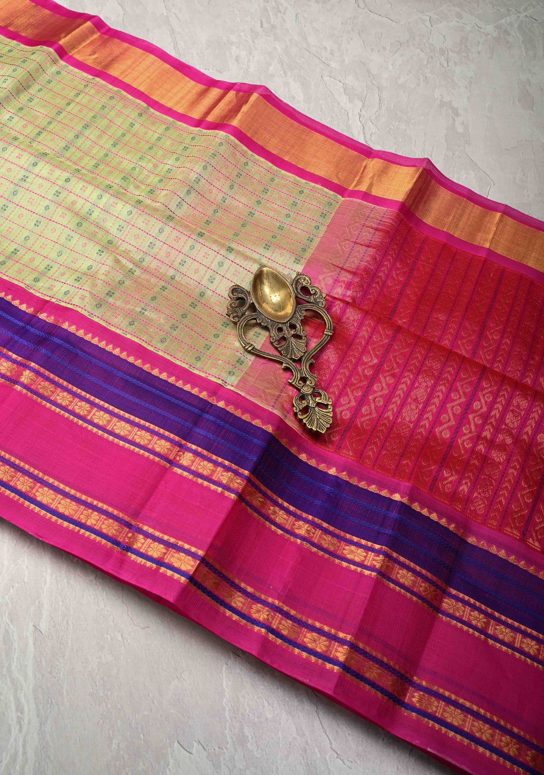 Pista Green Koravi Lakshadeepam Kanchi Silk Cotton Saree with Contrast Zari Borders