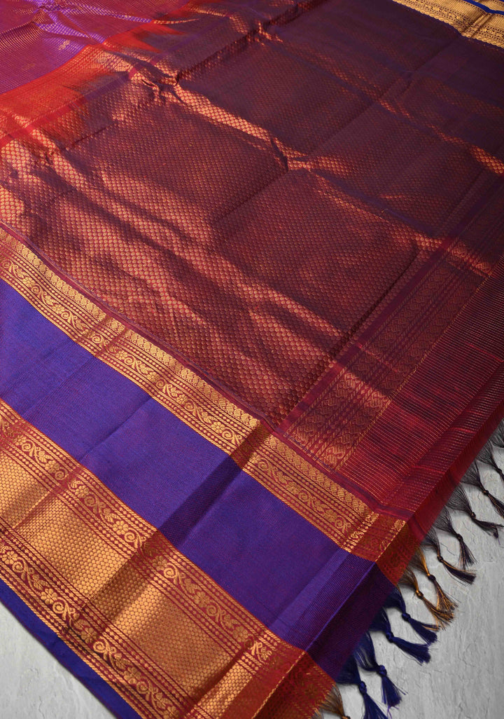 Podi Zari Kattam Kanchi Silk Cotton Saree with Zari Buttas and Wide Borders in Navy