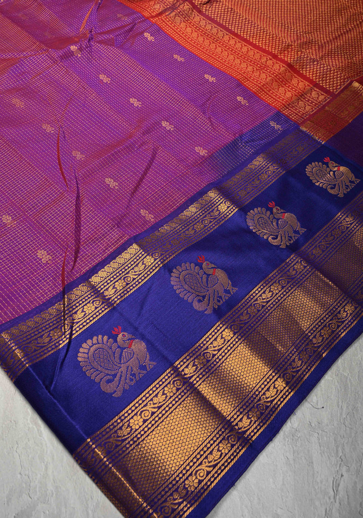 Podi Zari Kattam Kanchi Silk Cotton Saree with Zari Buttas and Wide Borders in Navy
