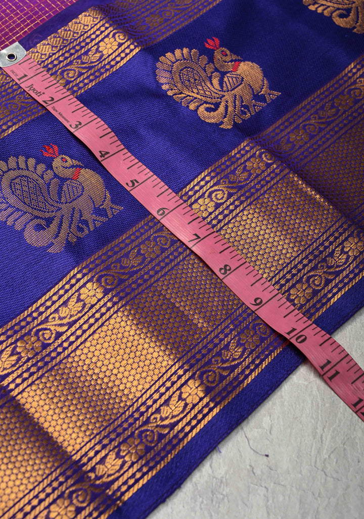 Podi Zari Kattam Kanchi Silk Cotton Saree with Zari Buttas and Wide Borders in Navy