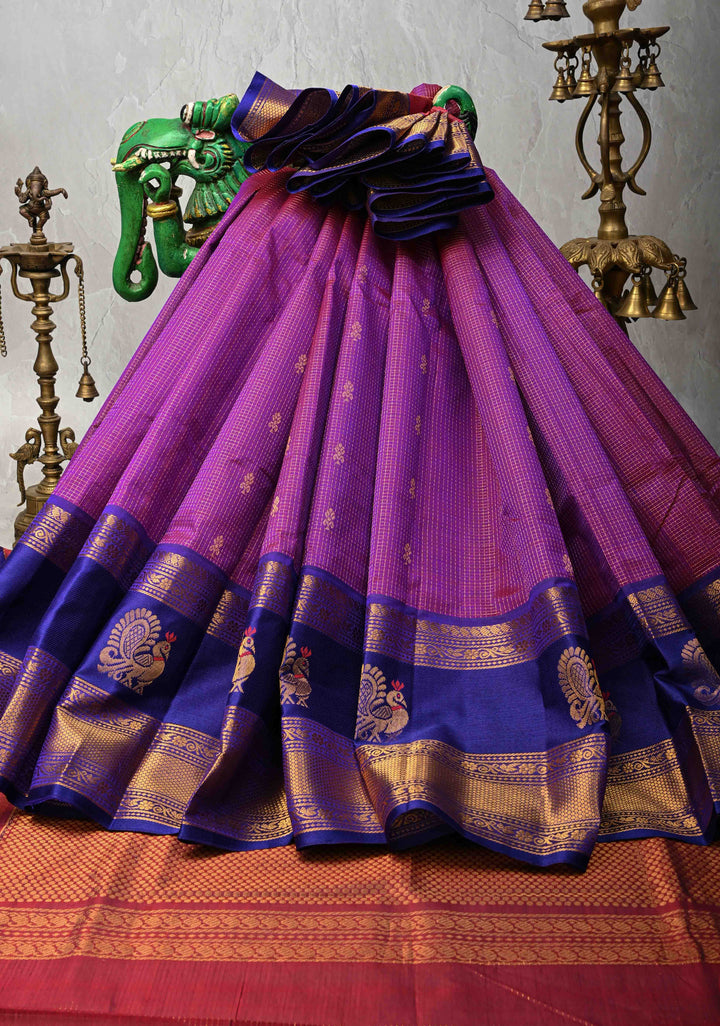 Podi Zari Kattam Kanchi Silk Cotton Saree with Zari Buttas and Wide Borders in Navy