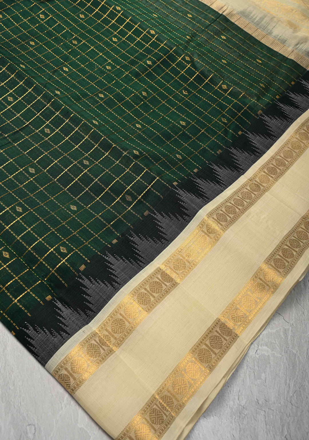 Bottle Green Zari Buttas on Kanchi Silk Cotton Saree with Zari Checks and Contrast Rettaipet Borders