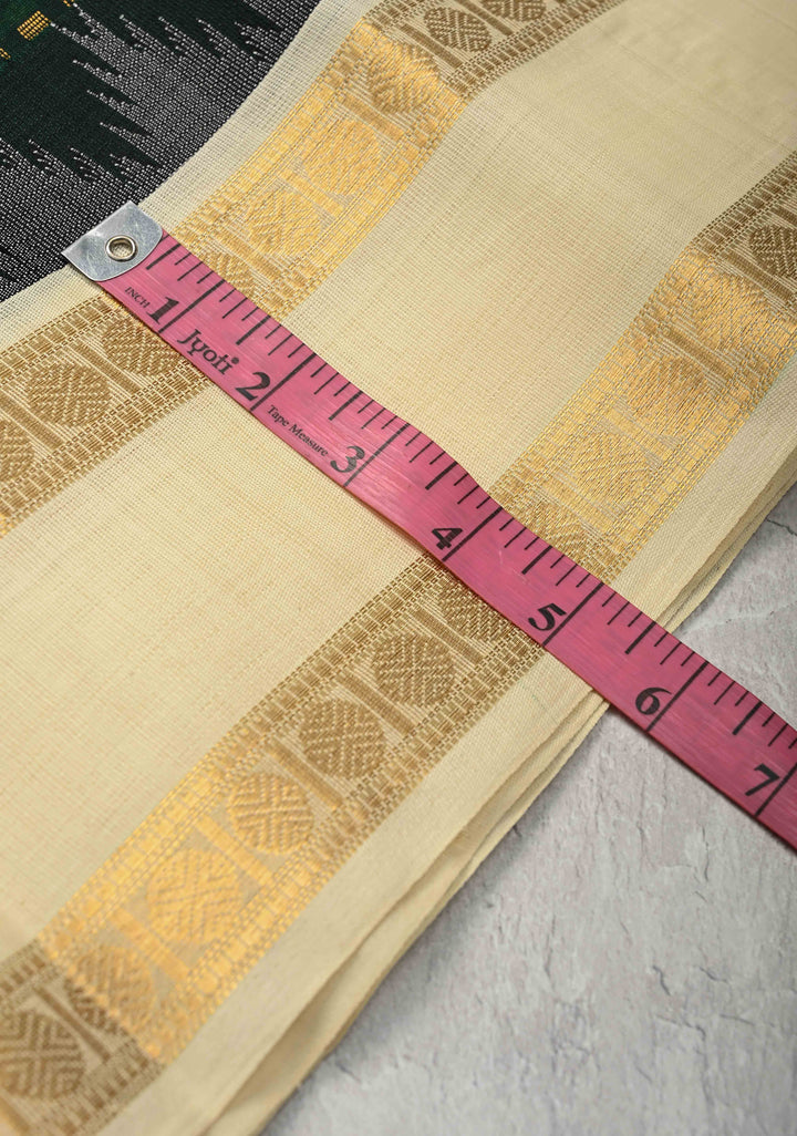 Bottle Green Zari Buttas on Kanchi Silk Cotton Saree with Zari Checks and Contrast Rettaipet Borders