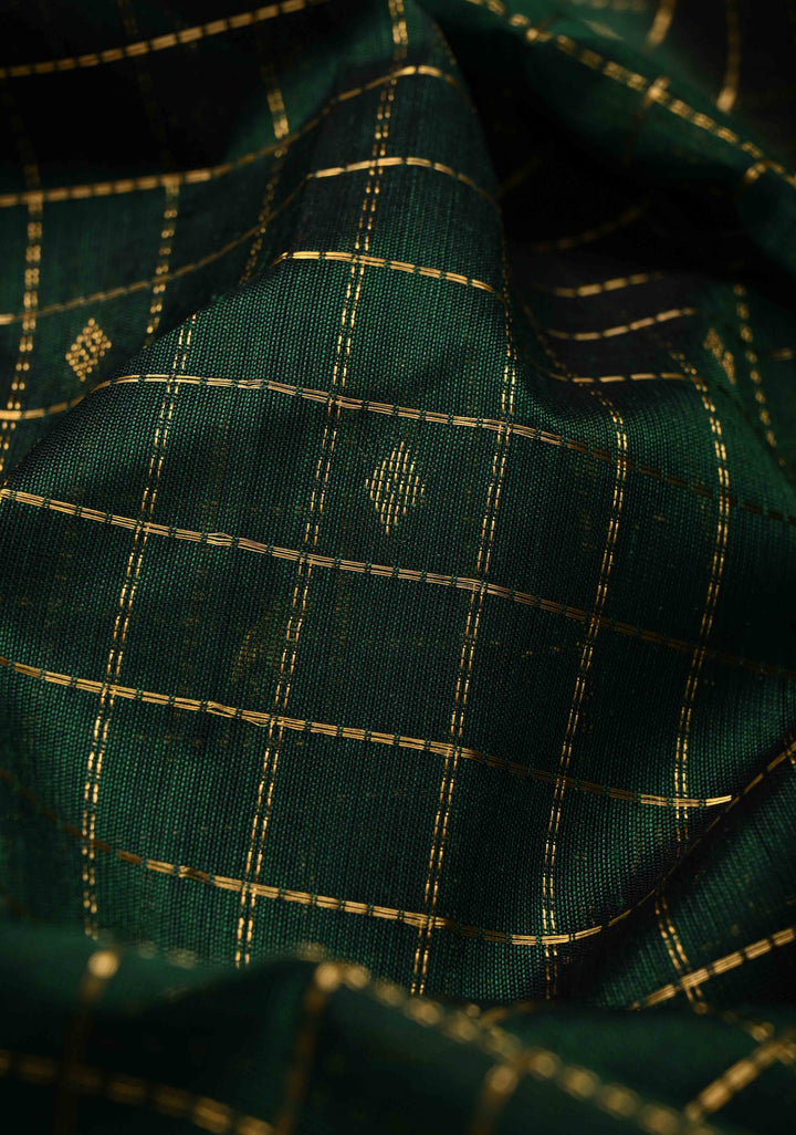 Bottle Green Zari Buttas on Kanchi Silk Cotton Saree with Zari Checks and Contrast Rettaipet Borders