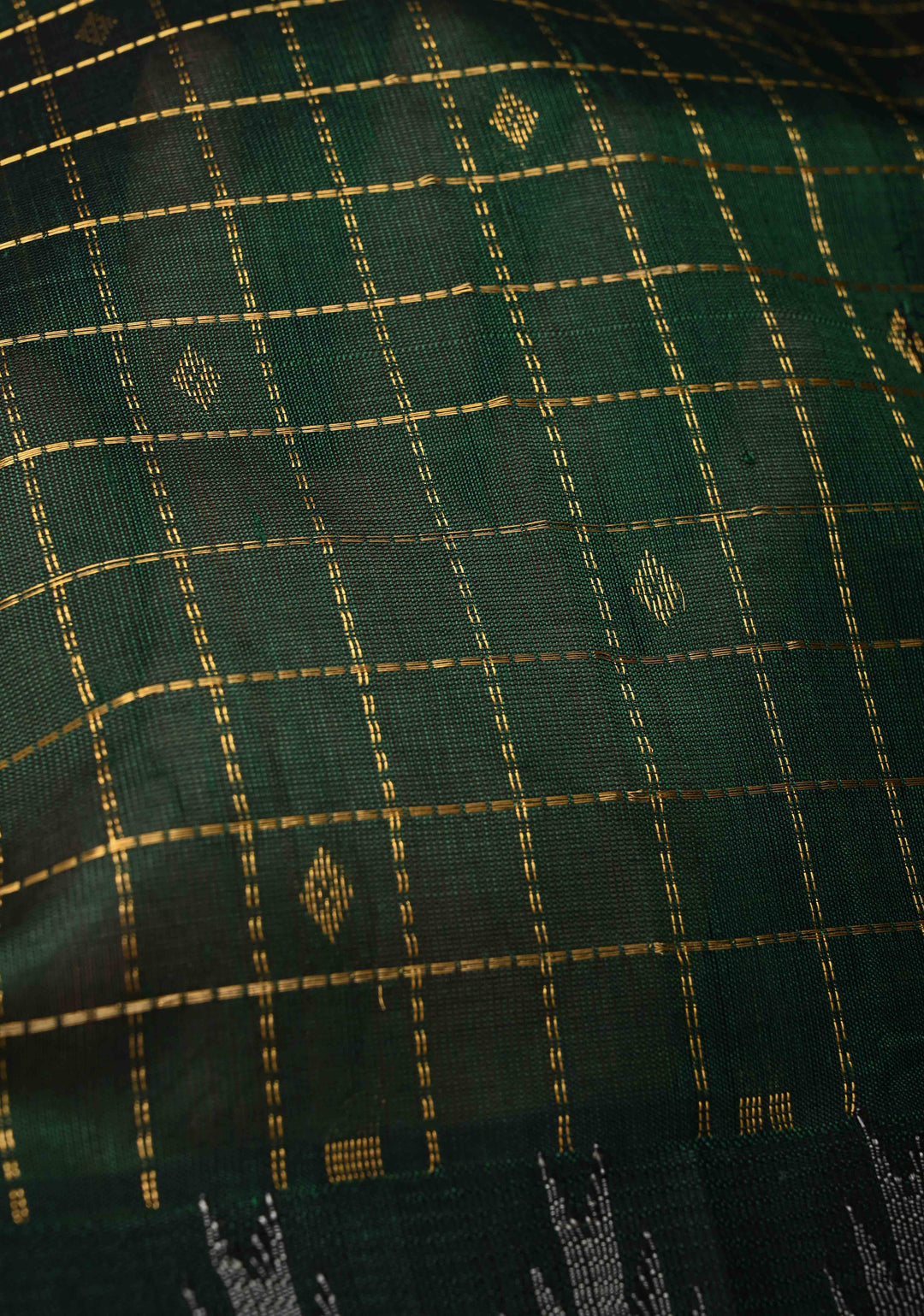 Bottle Green Zari Buttas on Kanchi Silk Cotton Saree with Zari Checks and Contrast Rettaipet Borders