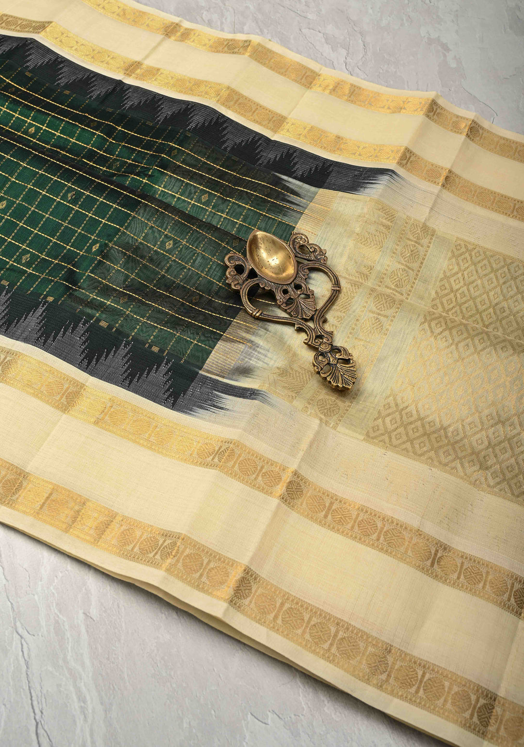 Bottle Green Zari Buttas on Kanchi Silk Cotton Saree with Zari Checks and Contrast Rettaipet Borders