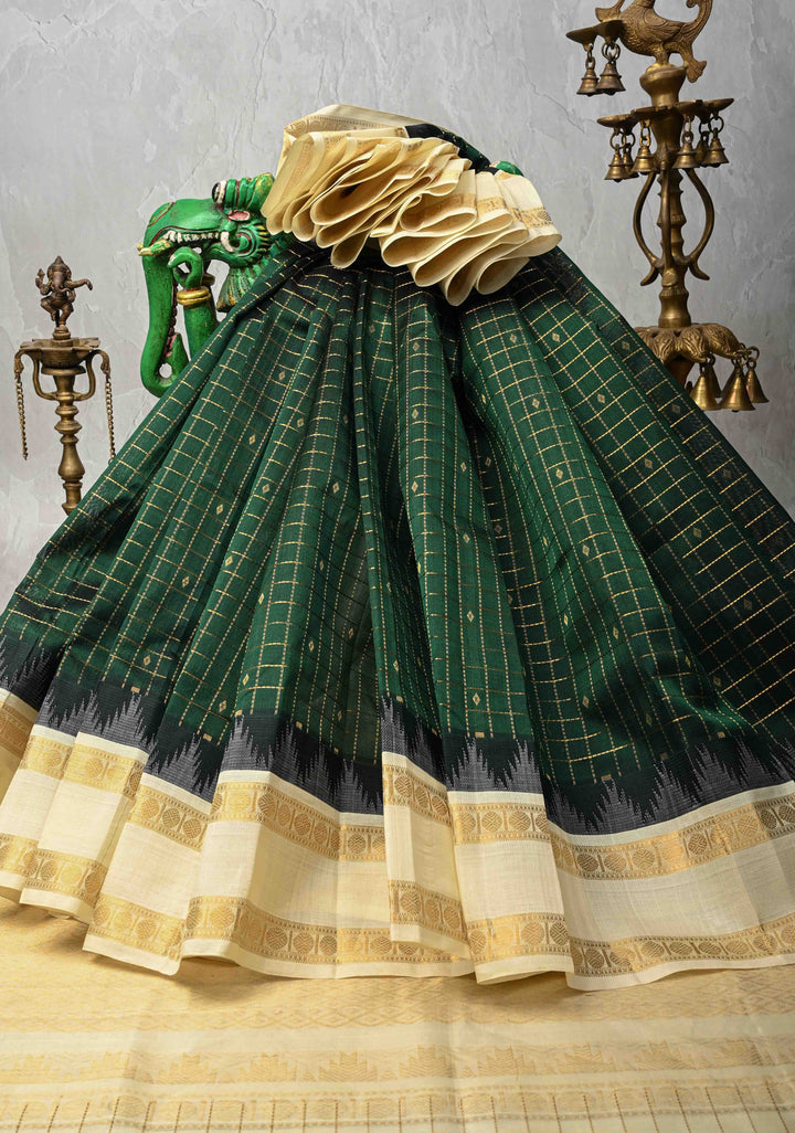 Bottle Green Zari Buttas on Kanchi Silk Cotton Saree with Zari Checks and Contrast Rettaipet Borders