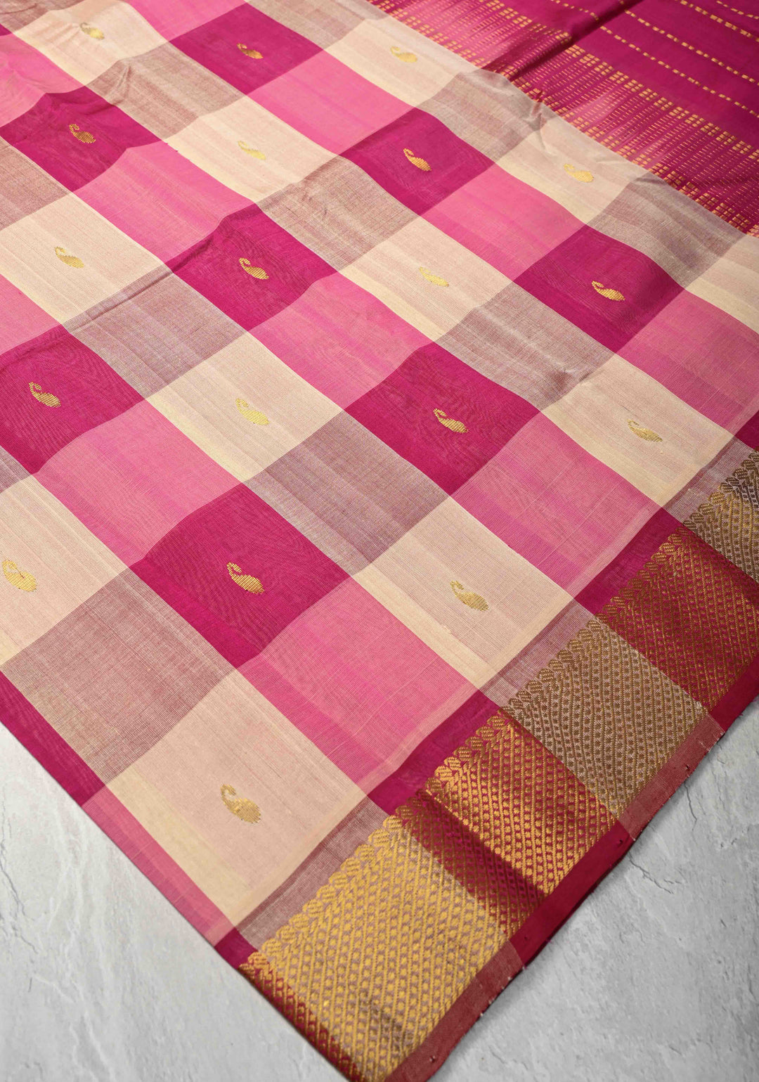Multicolor Palum Pazhamum Kanchi Silk Cotton Saree with Paisley Buttas and Zari Border