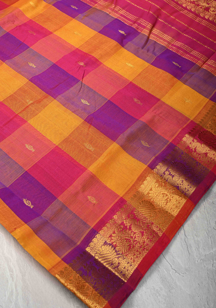 Multicolor Palum Pazhamum Kanchi Silk Cotton Saree with Zari Buttas and Zari Border