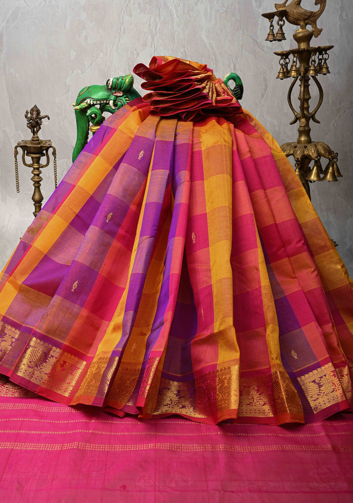 Multicolor Palum Pazhamum Kanchi Silk Cotton Saree with Zari Buttas and Zari Border