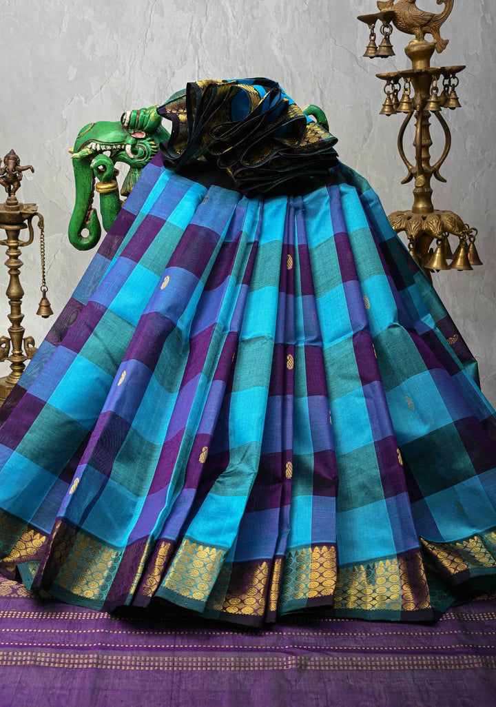 Multicolor Palum Pazhamum Kanchi Silk Cotton Saree with Paisley Buttas and Zari Border