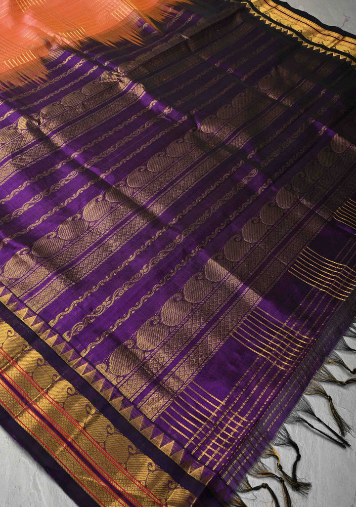 Salmon Peach Kanchi Silk Cotton Saree with Zari Checks and Contrast Zari Borders