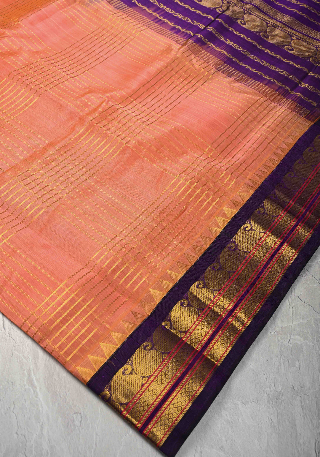 Salmon Peach Kanchi Silk Cotton Saree with Zari Checks and Contrast Zari Borders