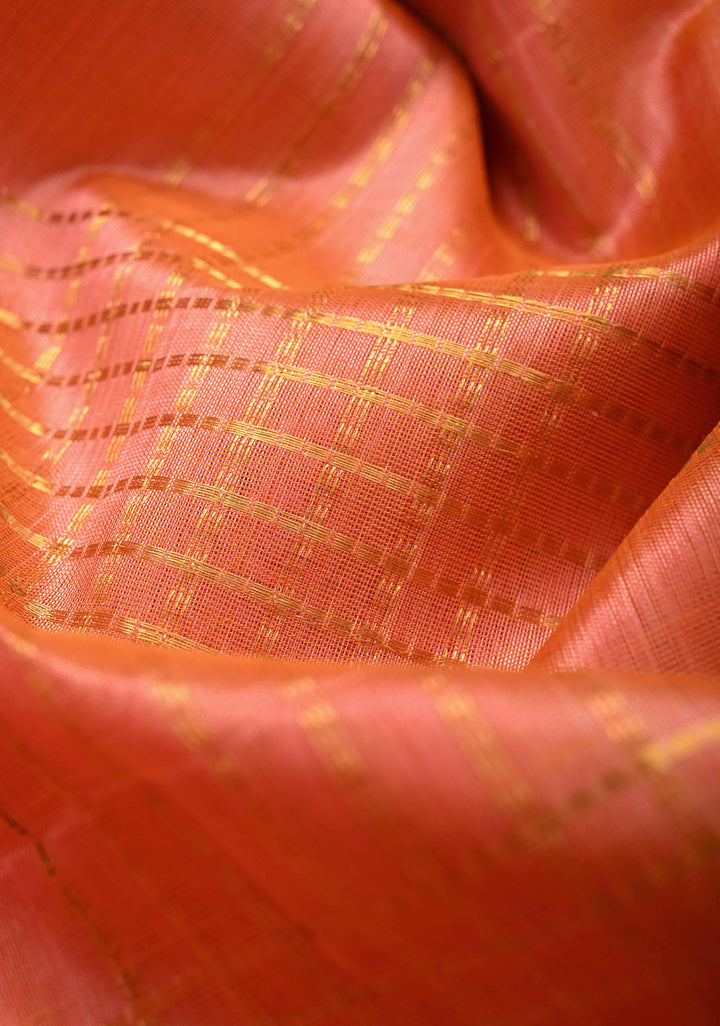 Salmon Peach Kanchi Silk Cotton Saree with Zari Checks and Contrast Zari Borders